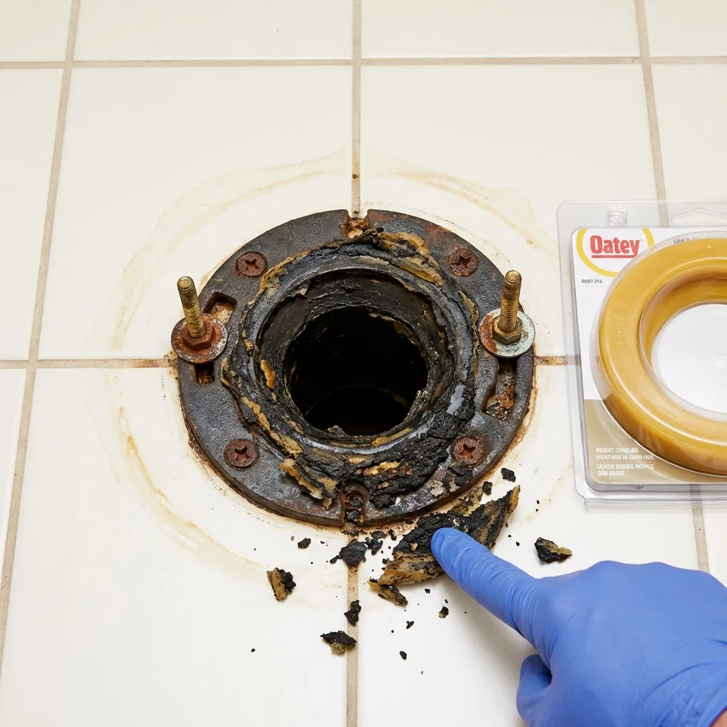 Failed wax ring showing water seepage at the base of a toilet in a Mount Vernon, IL home