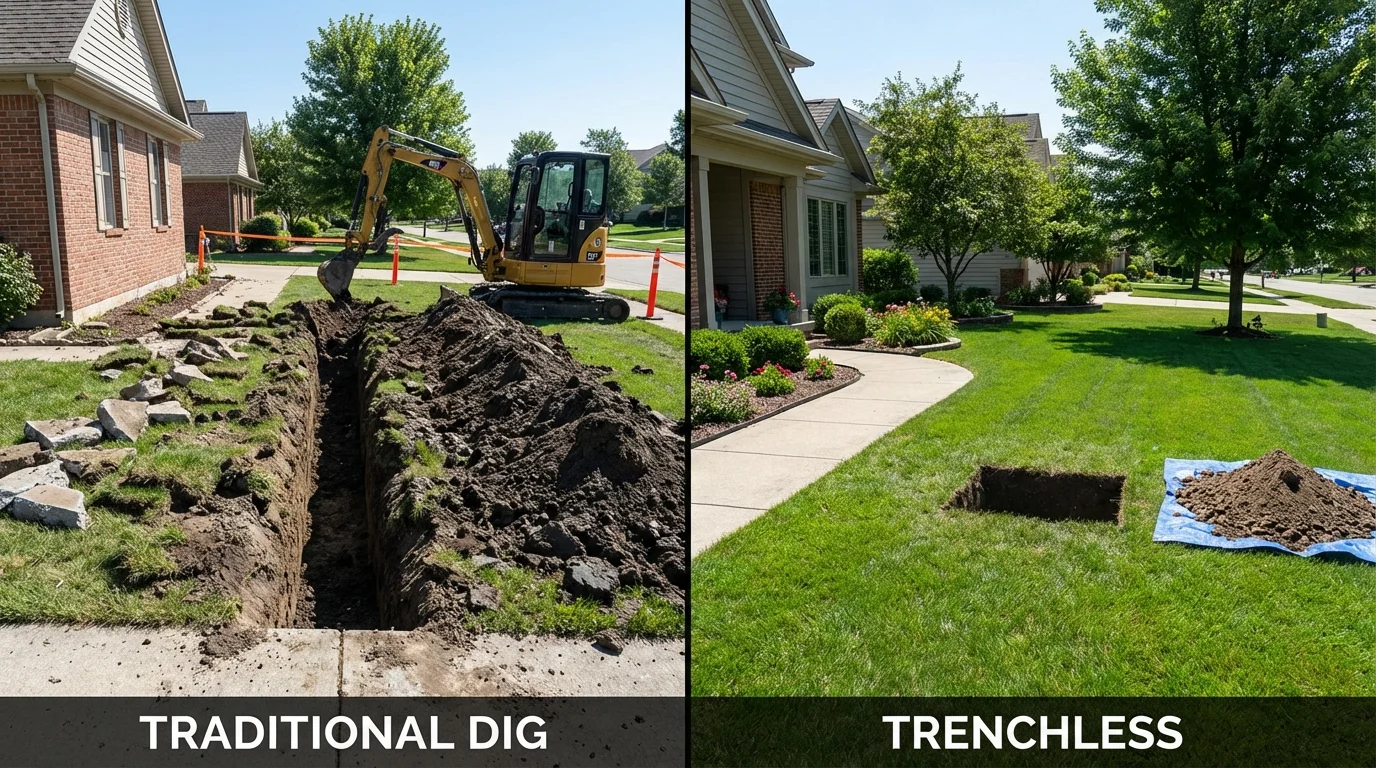 Trenchless sewer repair with minimal yard damage versus traditional excavation in Mount Vernon, IL