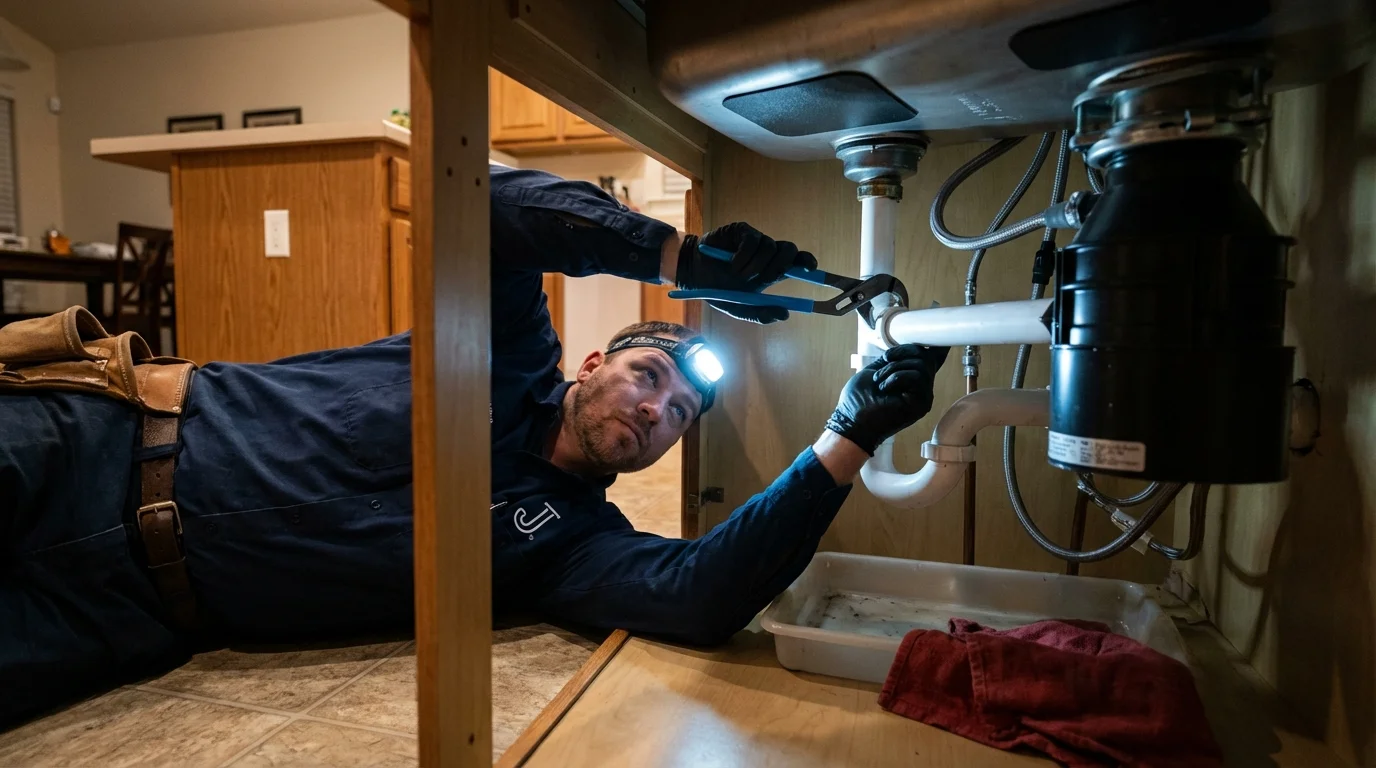 P-trap and supply line connections under a kitchen sink showing a common leak point in Mount Vernon, IL